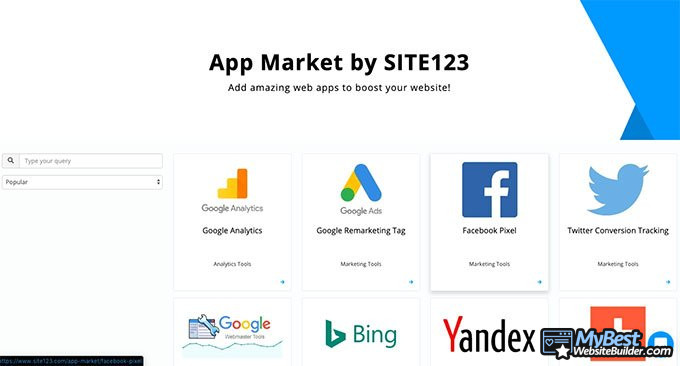 Reseña Site123: Mercado de apps.